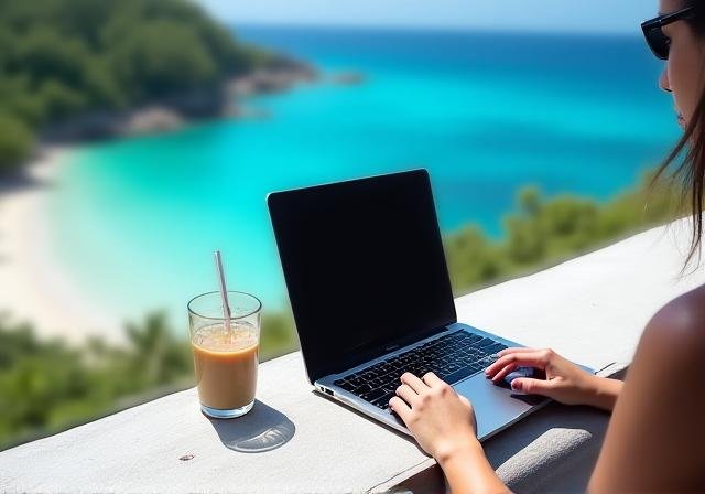 Remote worker using laptop on a beach balcony in Siargao
