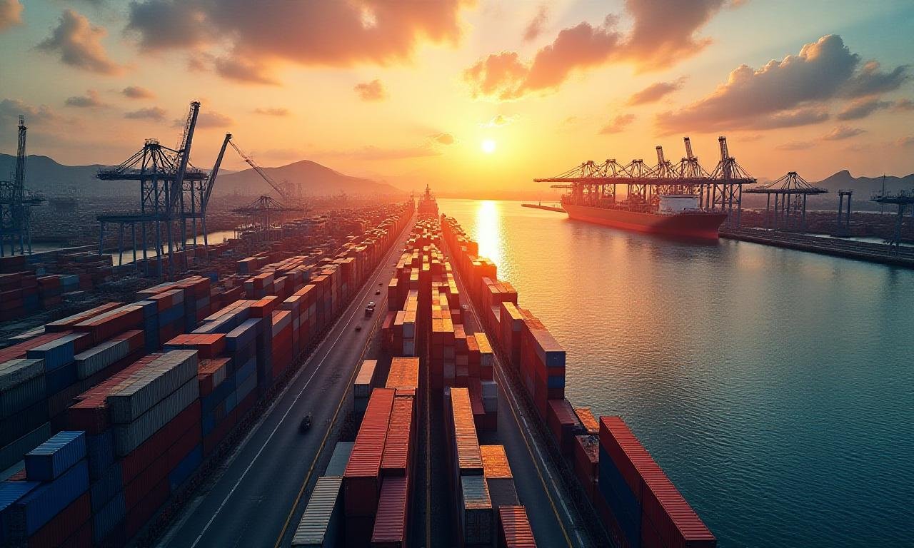 Port of Cebu with shipping containers at sunset