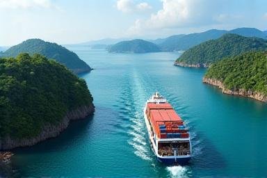 Logistics cargo ship between islands