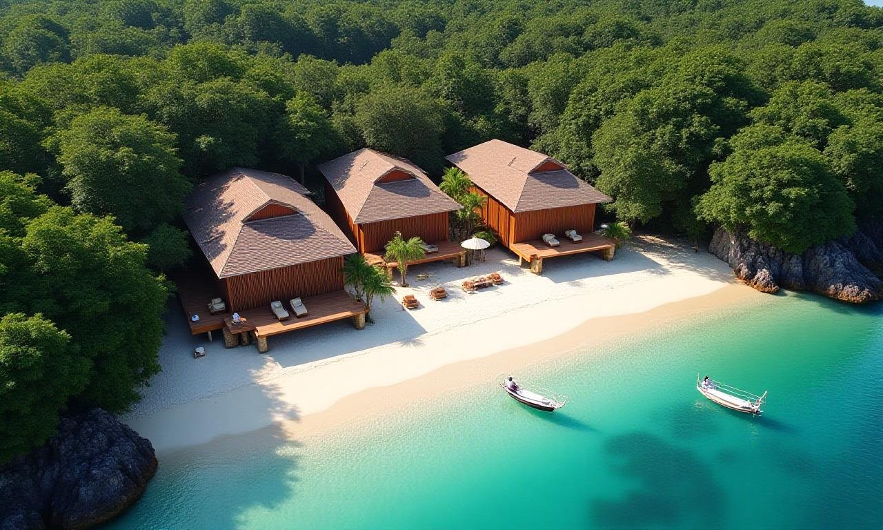 Aerial view of an eco-friendly island resort integrated with natural greenery